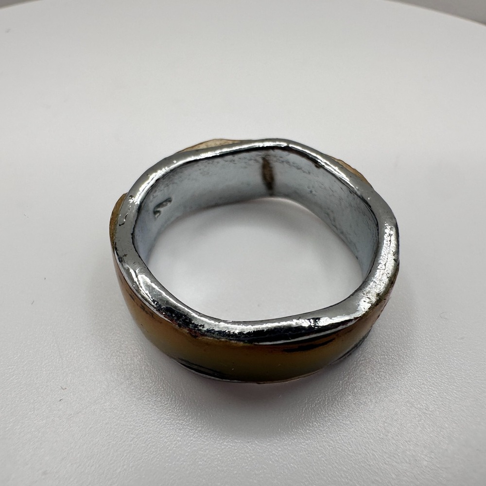 Vintage 90s Silver Tone Wavy Band Ring with Brown Inlay - Boho Women's